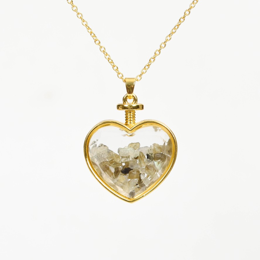 Crystal Chips In Heart Glass Pendant Necklace